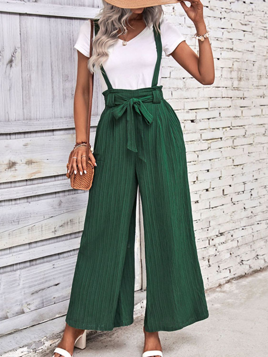 Perfee Tie Belt Wide Leg Overalls