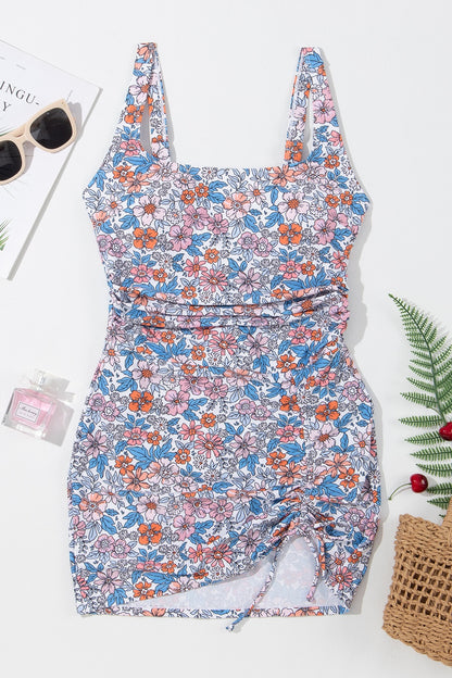 Drawstring Printed Wide Strap Swim Dress