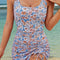 Drawstring Printed Wide Strap Swim Dress